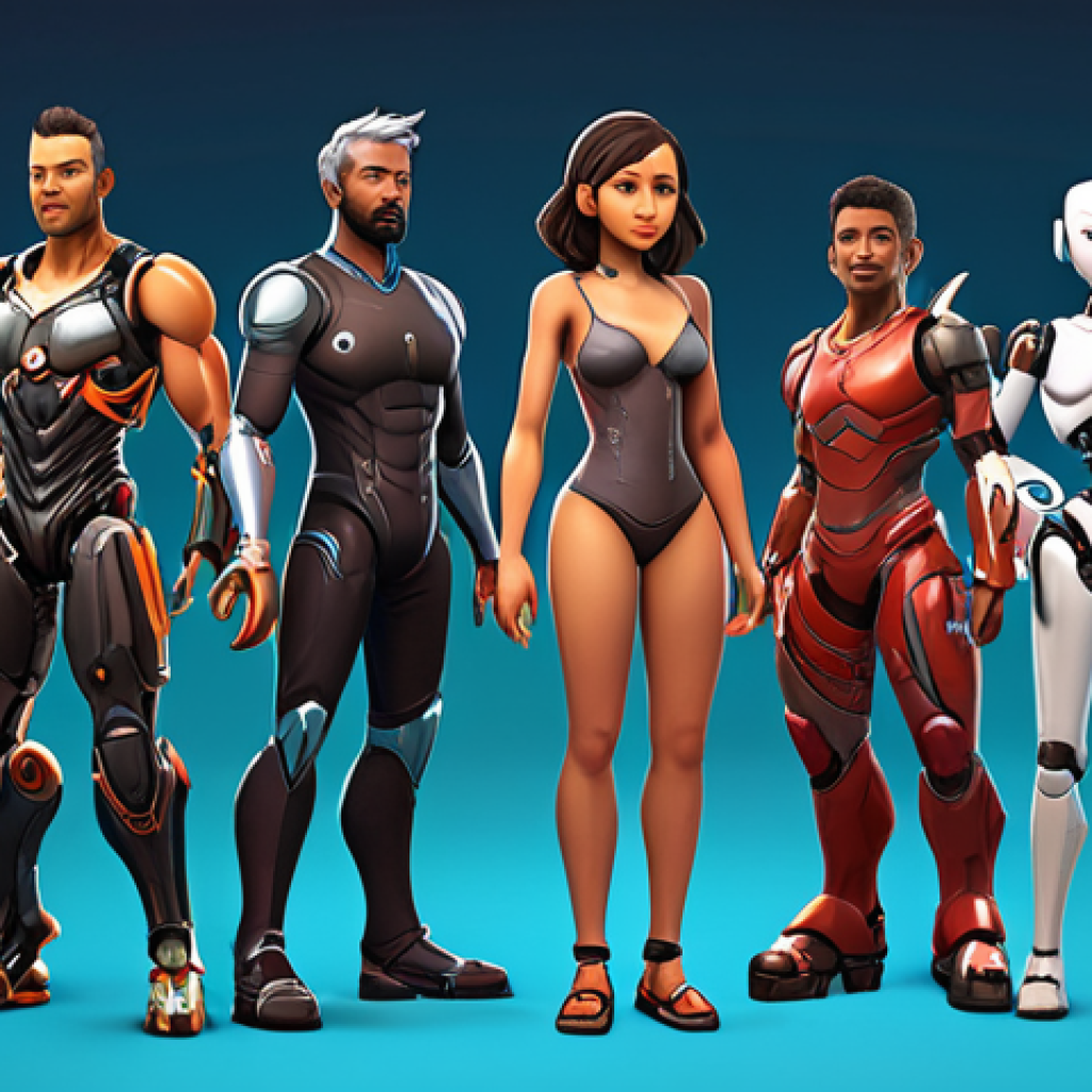 **Prompt:** A vibrant, diverse group of character designs in various styles (2D, 3D). Show a range of ages, ethnicities, and body types. The background should hint at different industries (gaming, education, animation). Include subtle AI integration elements in one or two of the designs (e.g., robotic arm, digital overlay).