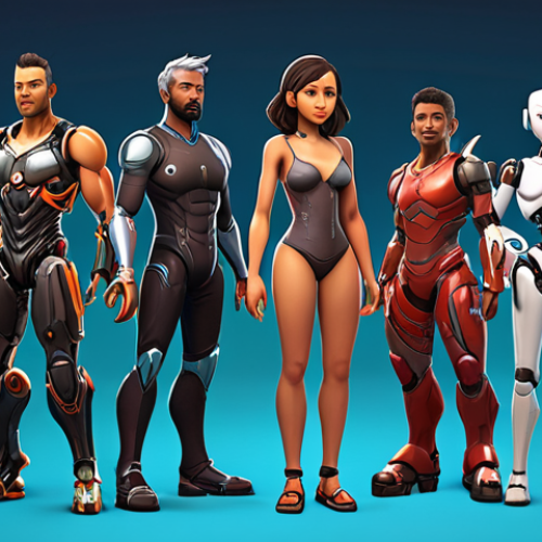 Home 19 **Prompt:** A vibrant, diverse group of character designs in various styles (2D, 3D). Show a range of ages, ethnicities, and body types. The background should hint at different industries (gaming, education, animation). Include subtle AI integration elements in one or two of the designs (e.g., robotic arm, digital overlay).