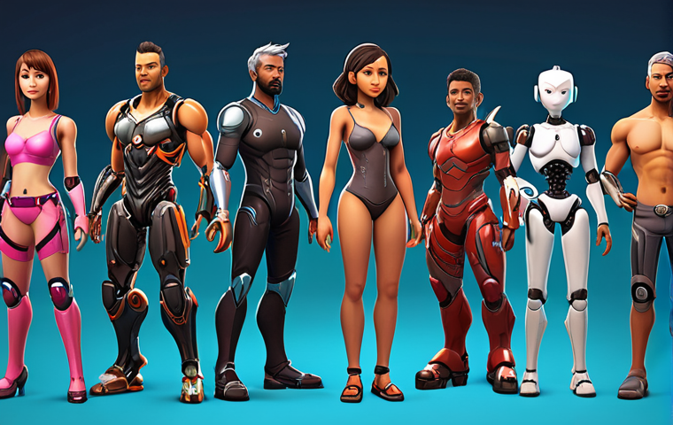 **Prompt:** A vibrant, diverse group of character designs in various styles (2D, 3D). Show a range of ages, ethnicities, and body types. The background should hint at different industries (gaming, education, animation). Include subtle AI integration elements in one or two of the designs (e.g., robotic arm, digital overlay).