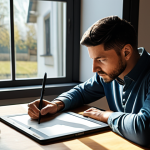 A professional character designer, fully clothed in modest, smart-casual attire, sits at a modern studio desk with a large digital drawing tablet. The desk is adorned with sketchbooks featuring spontaneous line art and unique antique curios. Soft, warm light streams from a window. The designer is in a contemplative, natural pose, looking at the tablet screen, conveying deep thought before a creative breakthrough. perfect anatomy, correct proportions, well-formed hands, proper finger count, natural body proportions, professional photography, safe for work, appropriate content, appropriate attire, high quality, ultra detailed.