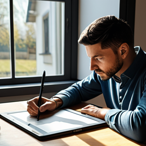 Home 8 A professional character designer, fully clothed in modest, smart-casual attire, sits at a modern studio desk with a large digital drawing tablet. The desk is adorned with sketchbooks featuring spontaneous line art and unique antique curios. Soft, warm light streams from a window. The designer is in a contemplative, natural pose, looking at the tablet screen, conveying deep thought before a creative breakthrough. perfect anatomy, correct proportions, well-formed hands, proper finger count, natural body proportions, professional photography, safe for work, appropriate content, appropriate attire, high quality, ultra detailed.