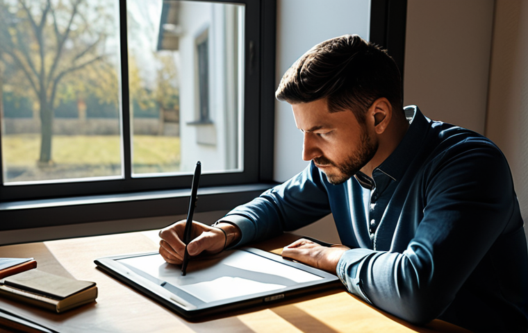 A professional character designer, fully clothed in modest, smart-casual attire, sits at a modern studio desk with a large digital drawing tablet. The desk is adorned with sketchbooks featuring spontaneous line art and unique antique curios. Soft, warm light streams from a window. The designer is in a contemplative, natural pose, looking at the tablet screen, conveying deep thought before a creative breakthrough. perfect anatomy, correct proportions, well-formed hands, proper finger count, natural body proportions, professional photography, safe for work, appropriate content, appropriate attire, high quality, ultra detailed.